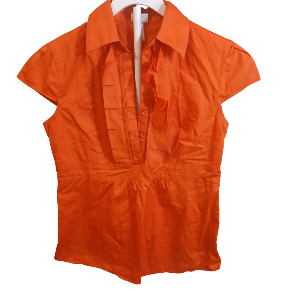 Merona Womens Orange Ruffle Front Short Sleeve Button Up Blouse XS
